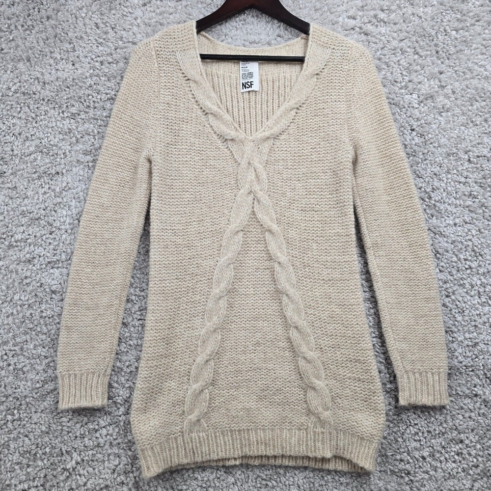 NSF Womens Cable Knit Alpaca Wool V Neck Sweater Size M Minimal Cozy‎ Neutral
